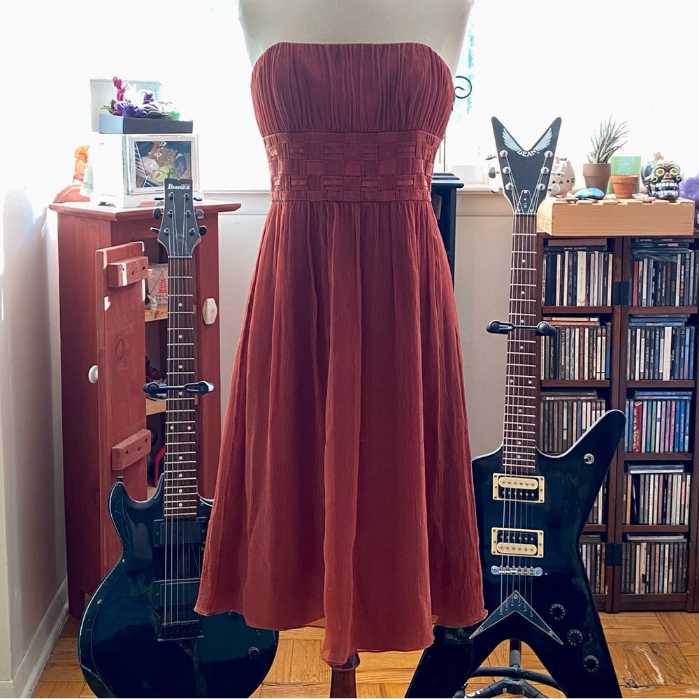 Rust orange strapless silk dress from Laundry by Shelli Segal. Size 6.